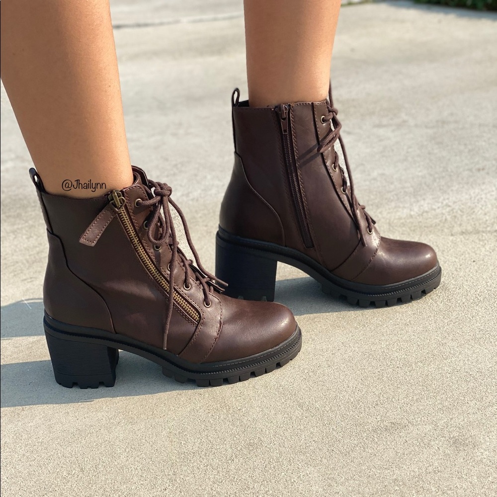 Brown chunky heel combat boots